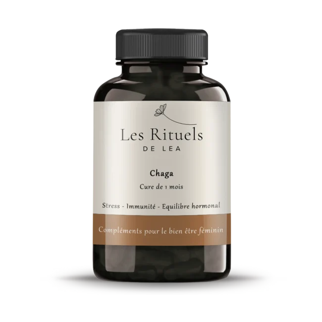 Complément alimentaire de chaga pour renforcer le système immunitaire et l'équilibre hormonal féminin.