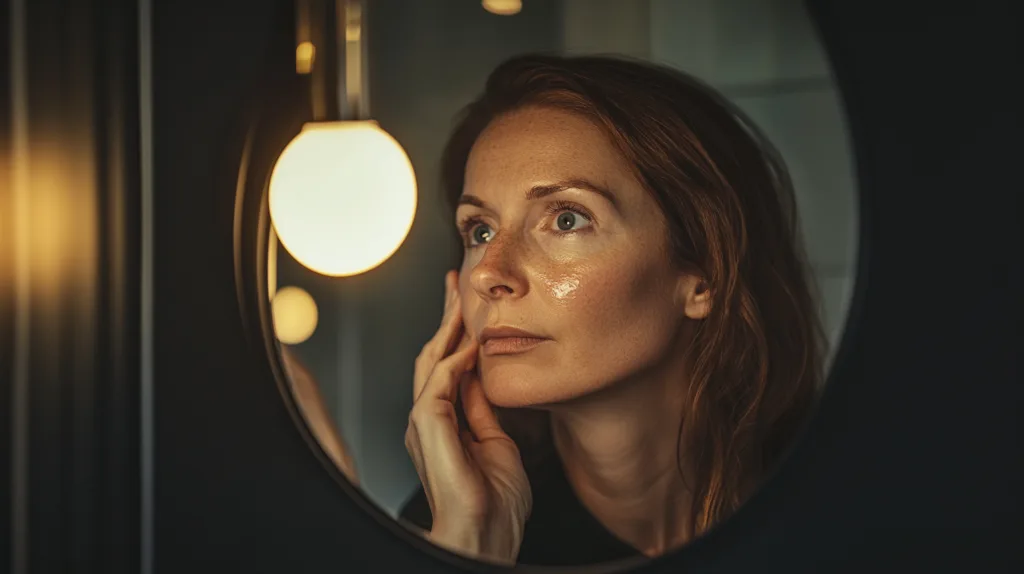 Une femme qui regarde sa peau dans le miroir. Elle cherche un produit anti-âge