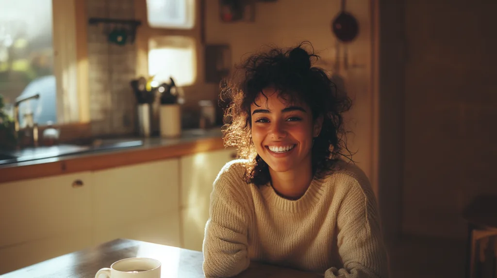 Une femme heureuse assise devant sa table de cuisine