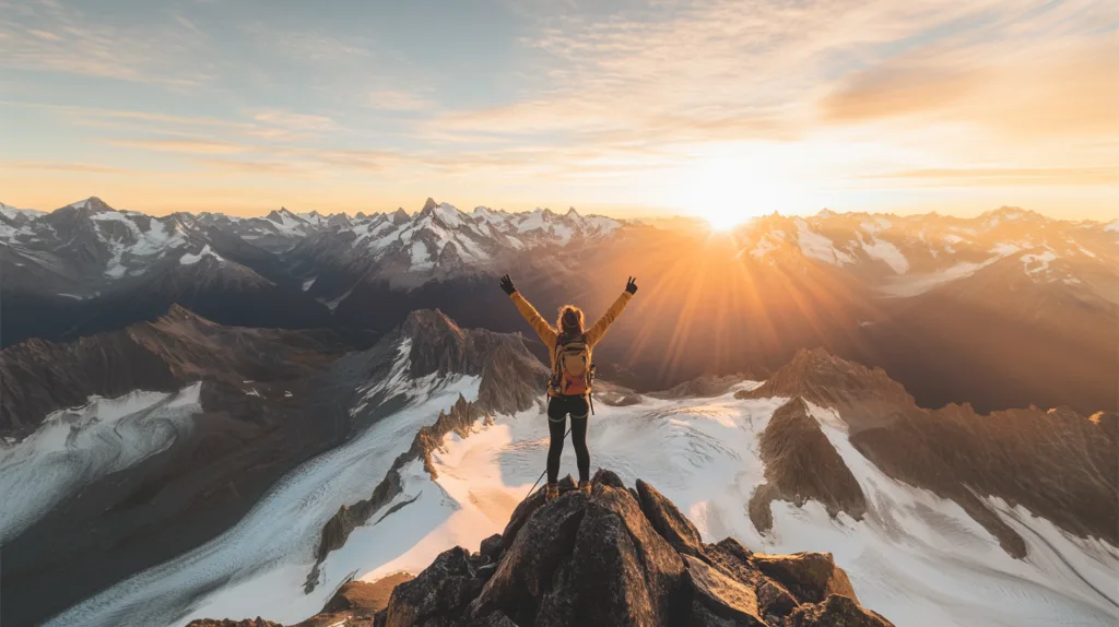 Une femme qui grimpe une montagne. Elle a retrouvé l'énergie grâce à la spiruline