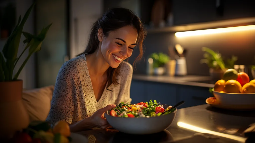 Une femme à table heureuse car sa digestion est optimal grâce aux probiotiques.