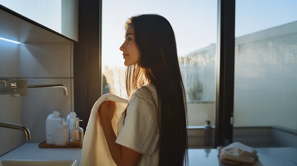 Une femme avec des beaux cheveux grâce à la biotine