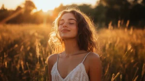 Une femme qui est au soleil et prtège sa peau contre les UV.